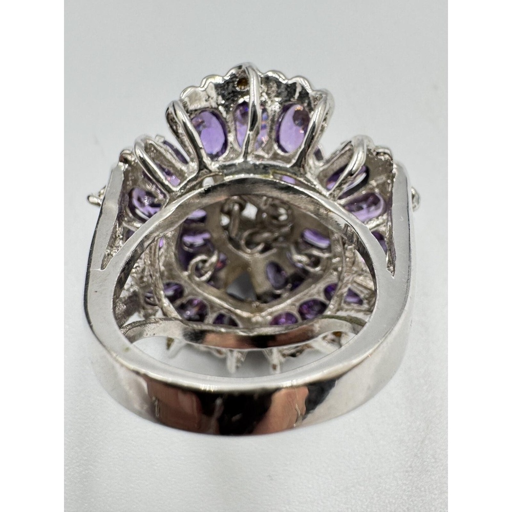 Silver Tone Purple & White Crystal Flower Bold Statement Cocktail Ring Size 7 - Picture 4 of 8